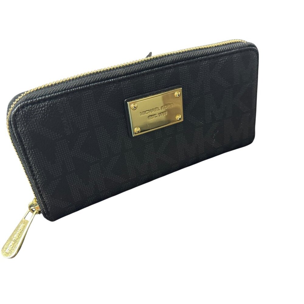 Michael Kors Jet Set Zip-Around Wallet Black Logo Pattern‎ Gold Hardware